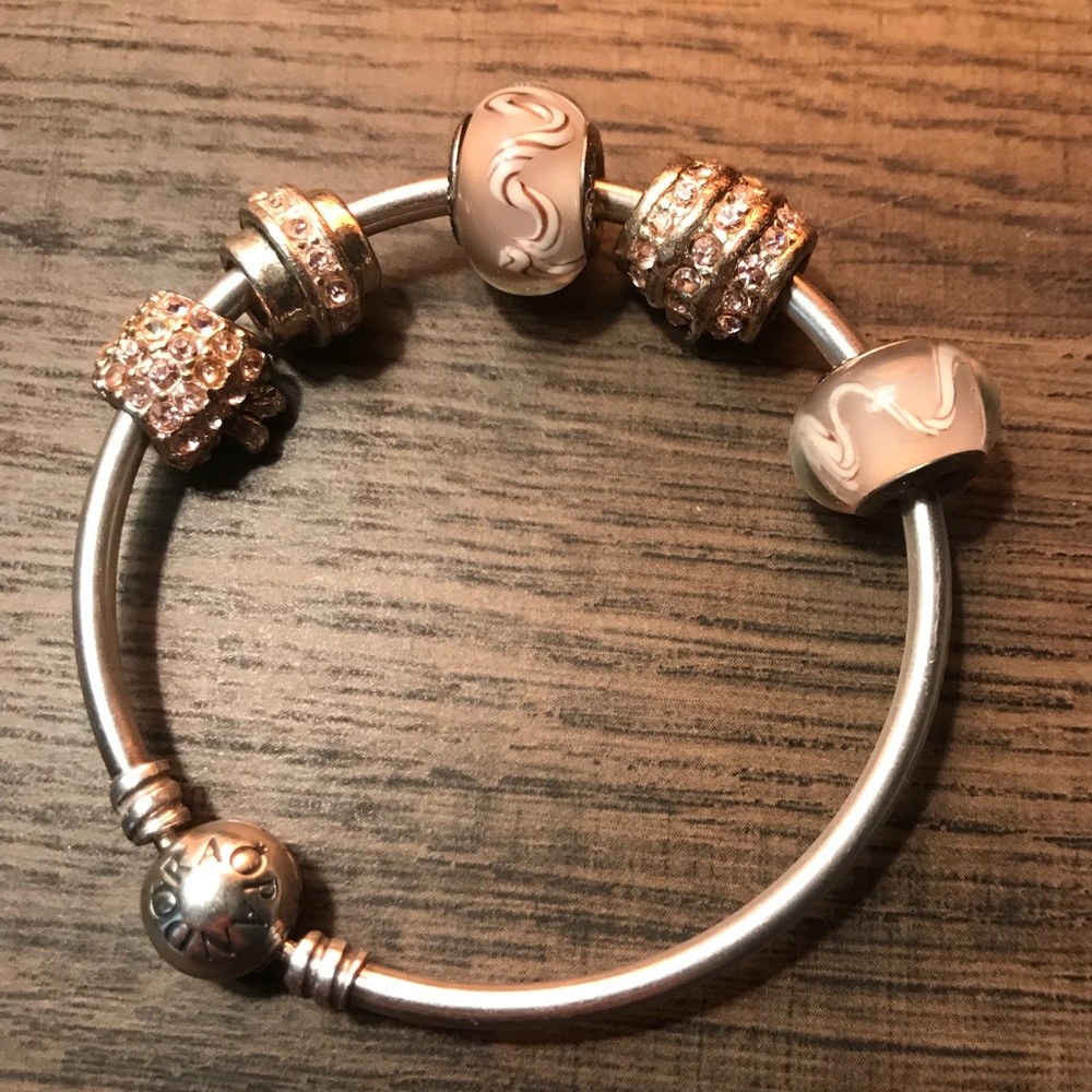 PANDORA 5 charm bangle bracelet 6.7”